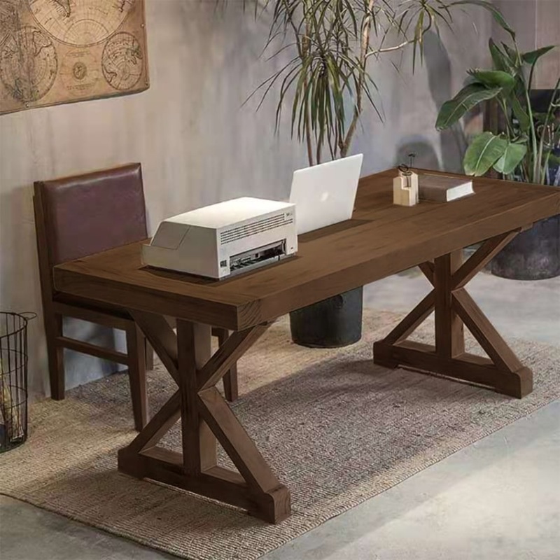 Vintage Style Rectangular Pine Wood Farmhouse Desk in Walnut (70.9″)