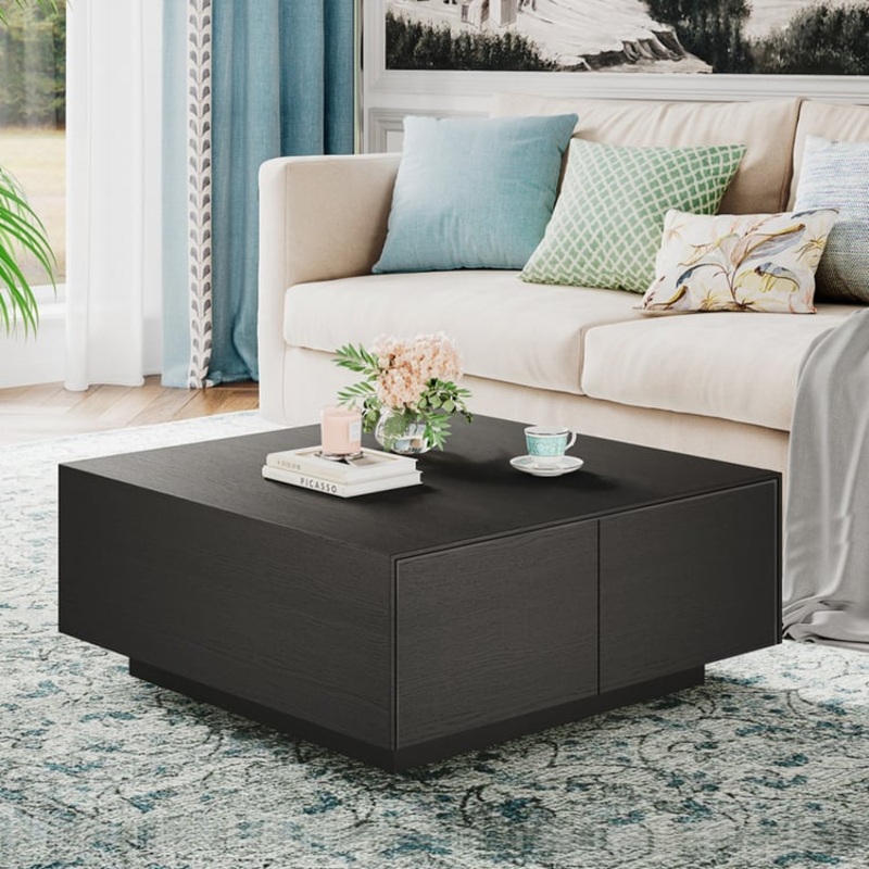 35″ Square Pine Wood Block Coffee Table with 4 Drawers