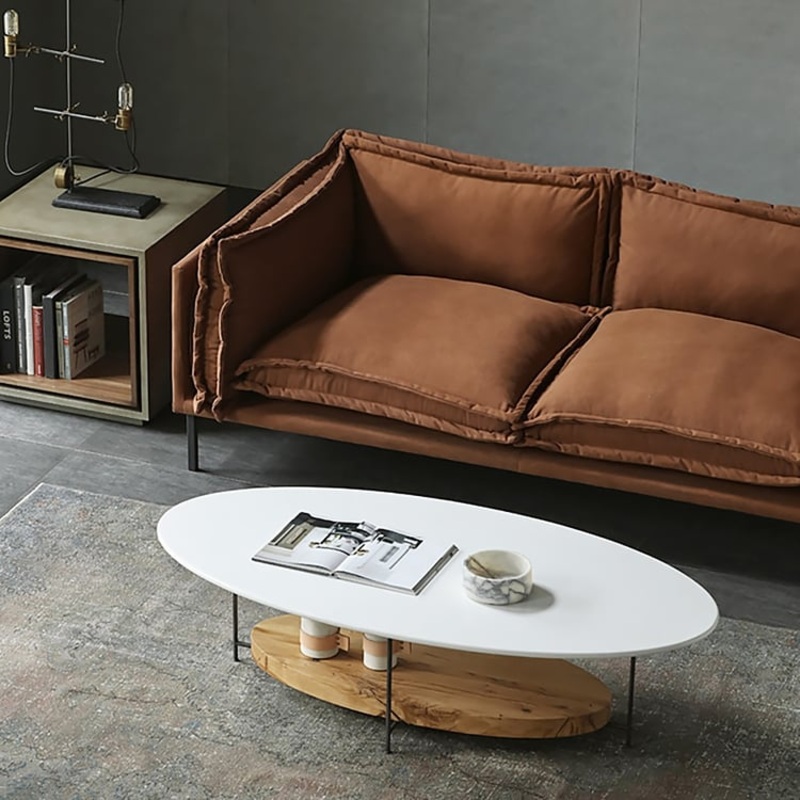 39″ Modern White & Natural Oval Coffee Table with Storage Shelf Light Wood and Metal