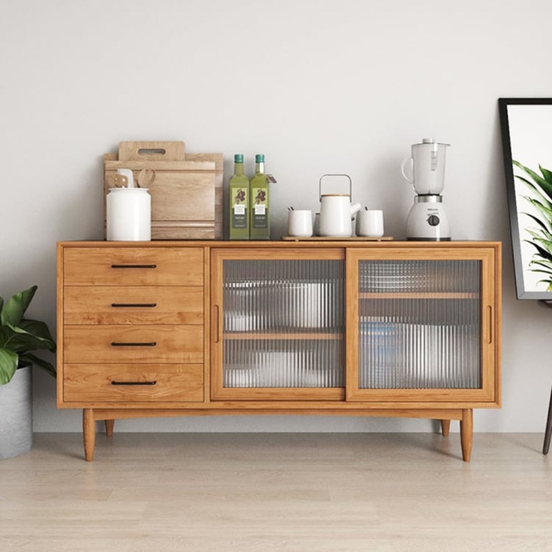 63″ Mid-Century Modern Natural Sideboard Buffet with 2 Glass Doors & 4 Drawers & 1 Shelf