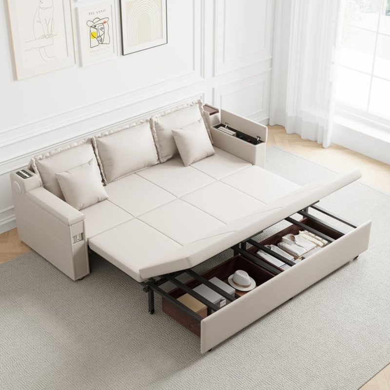 83″ King 3-Seater Leather Sleeper Sofa with Speaker & USB Ports