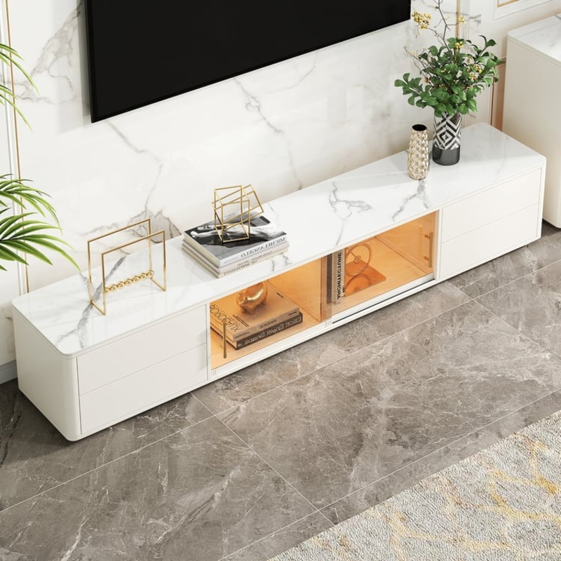 85″ White Wood Rectangle TV Stand Sintered Stone Top 4-Drawer Glass Doors Cabinet