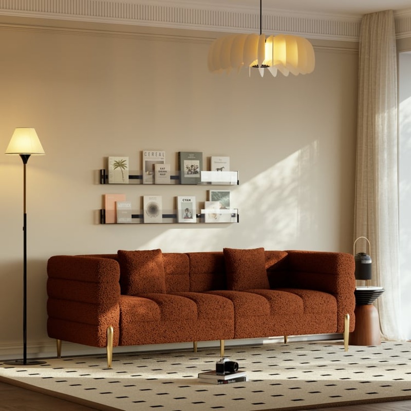 Aurora 79″ Boucle Fluted Sofa with Gold Legs & Pillows