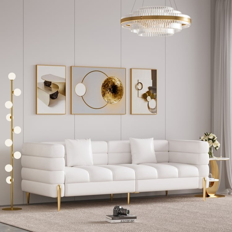 Aurora 79″ Faux Leather Fluted Sofa with Gold Legs & Pillows