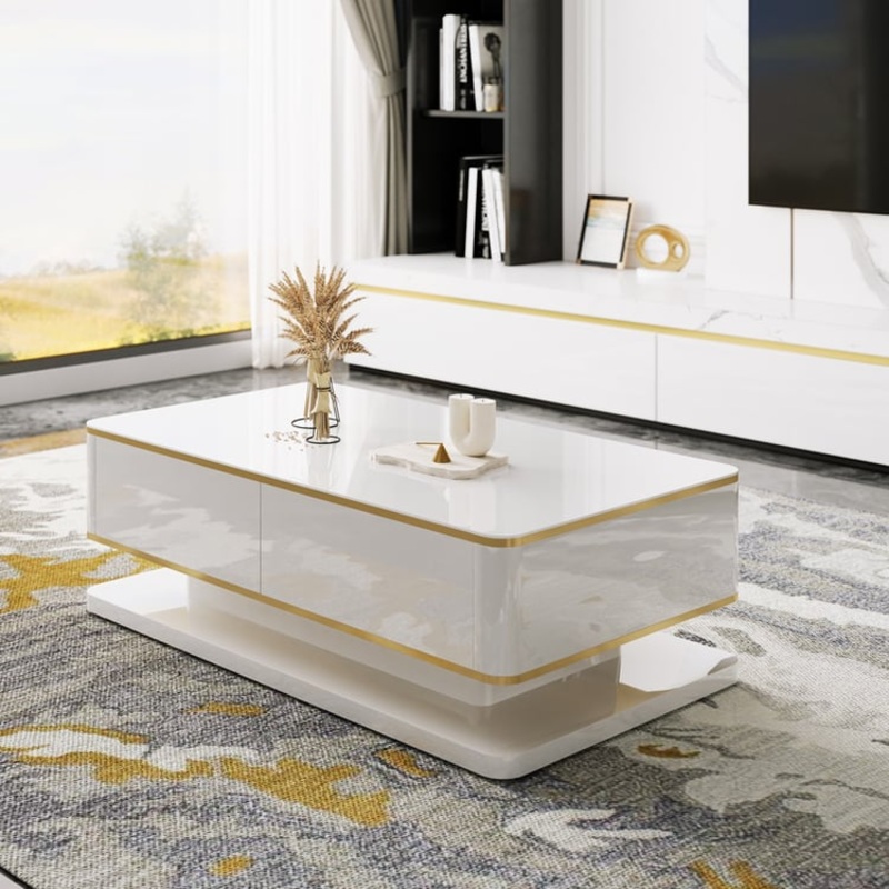 Gapn 51″ White Rectangular Coffee Table with Storage 4 Drawers Tempered Glass Top