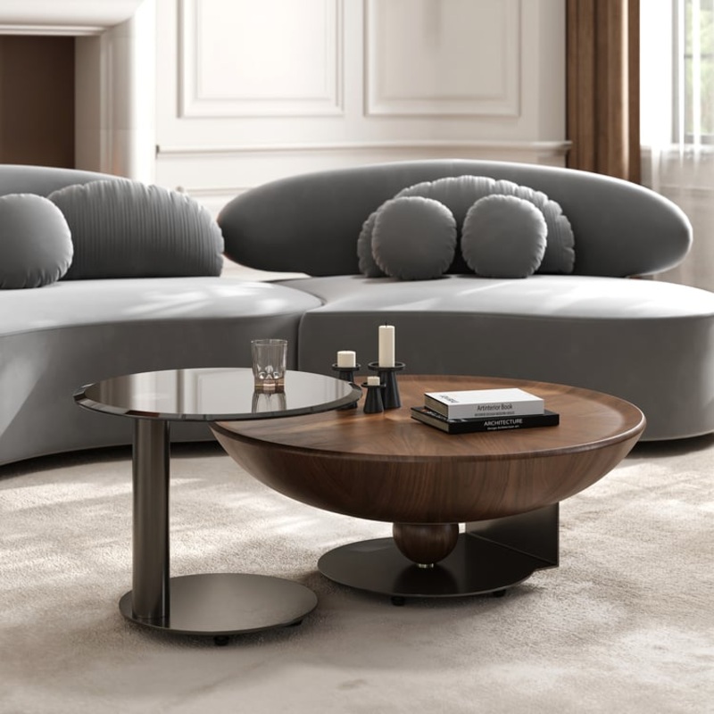Glass Top Walnut Nesting Coffee Table Set of 2(22″-35″)
