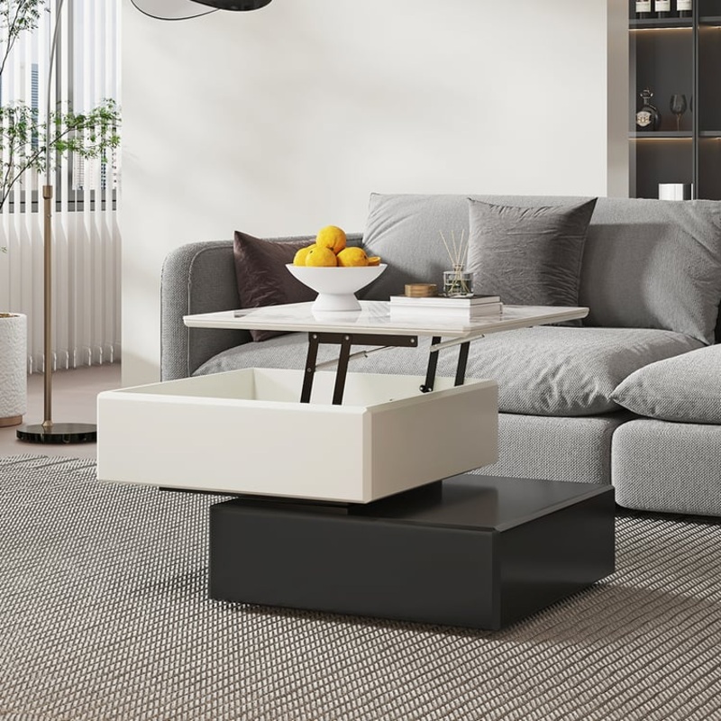 Modern Black & Khaki Lift Top Small Square  Sintered Stone Coffee Table with Storage