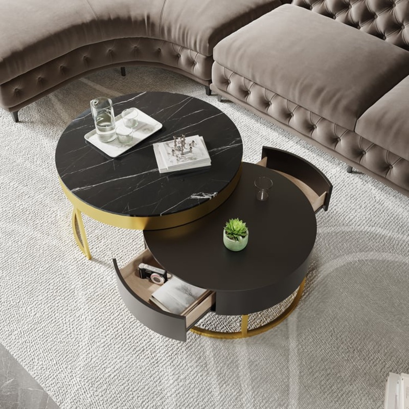 Nesnesis Modern Black Round Marble Veneer Nesting Wood Coffee Table with Storage