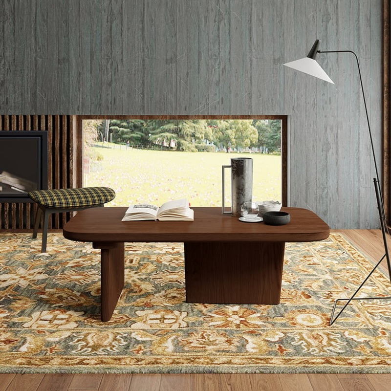 Pine Wood Coffee Table Rectangle-shaped in Walnut with Abstract Base Japandi