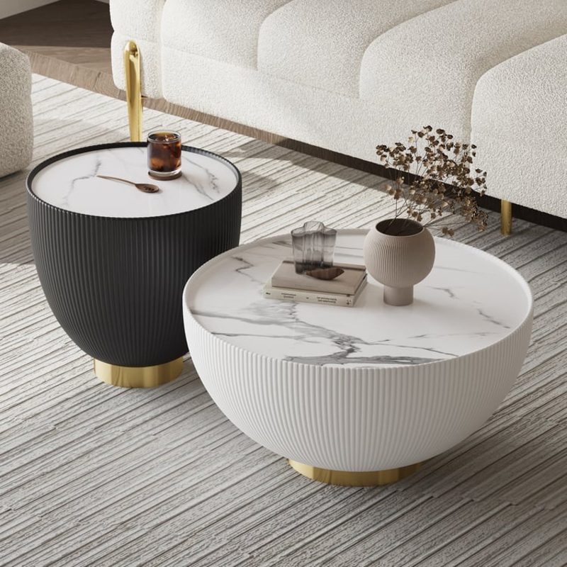 Round Sintered Stone Leather Drum Coffee Table Set(20″-28″)