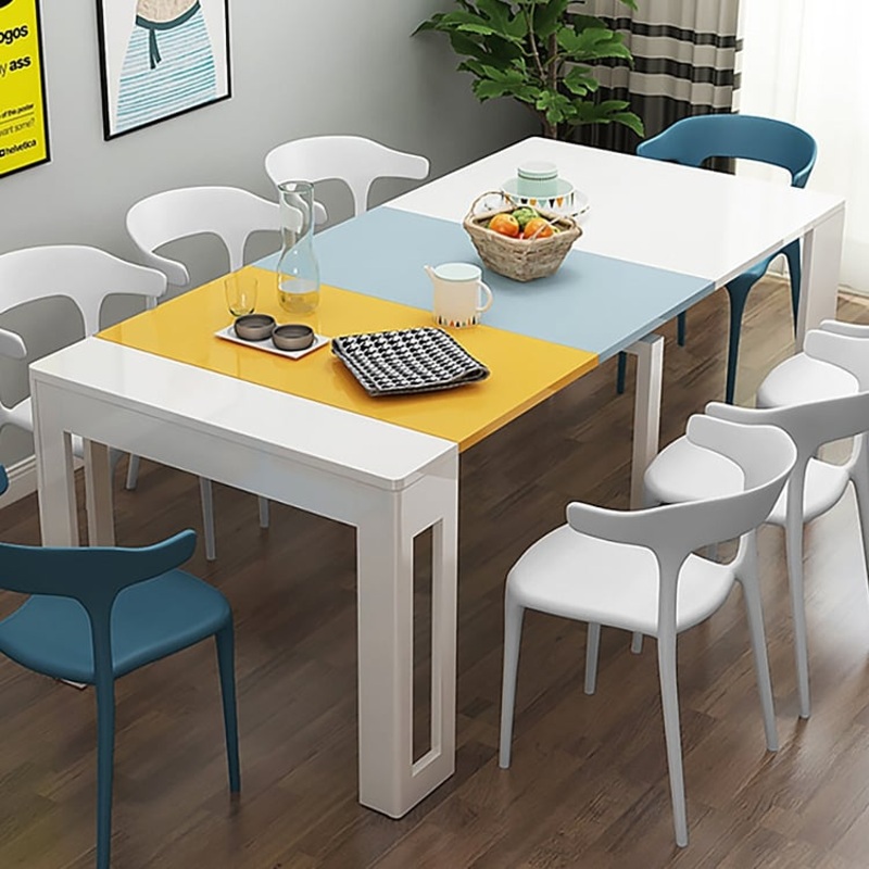 16″-73″ Modern Style Rectangle Folding Wold Dining Table White & Blue Seats 2-8 People