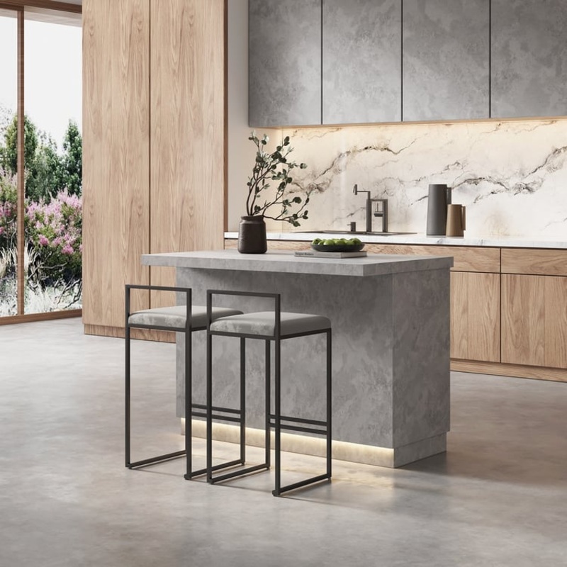 50″ Japandi Style Wood Kitchen Island with Multi-Storage and LED Light Gray