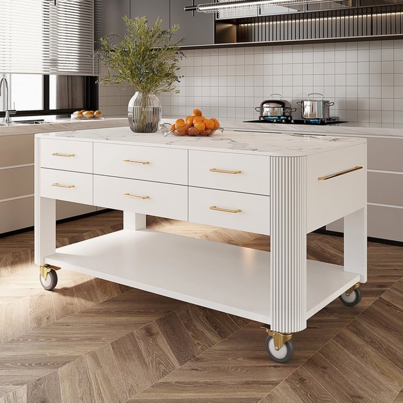 60″ White Kitchen Island with Wheels Modern Kitchen Cabinet Drawers&Doors&Shelf