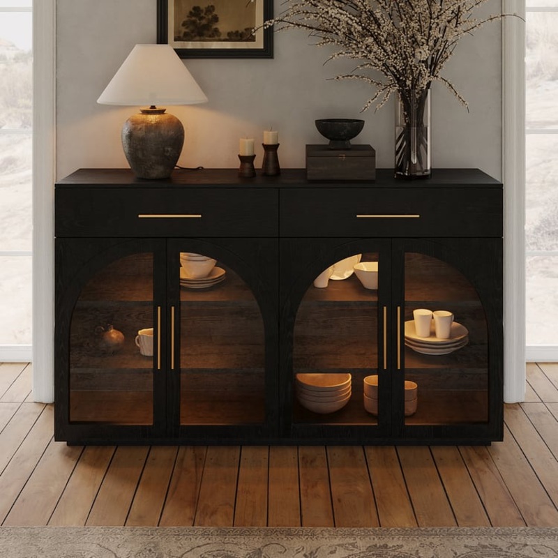 63″ Arune Modern Sideboard Wooden Buffet with Storage & Light