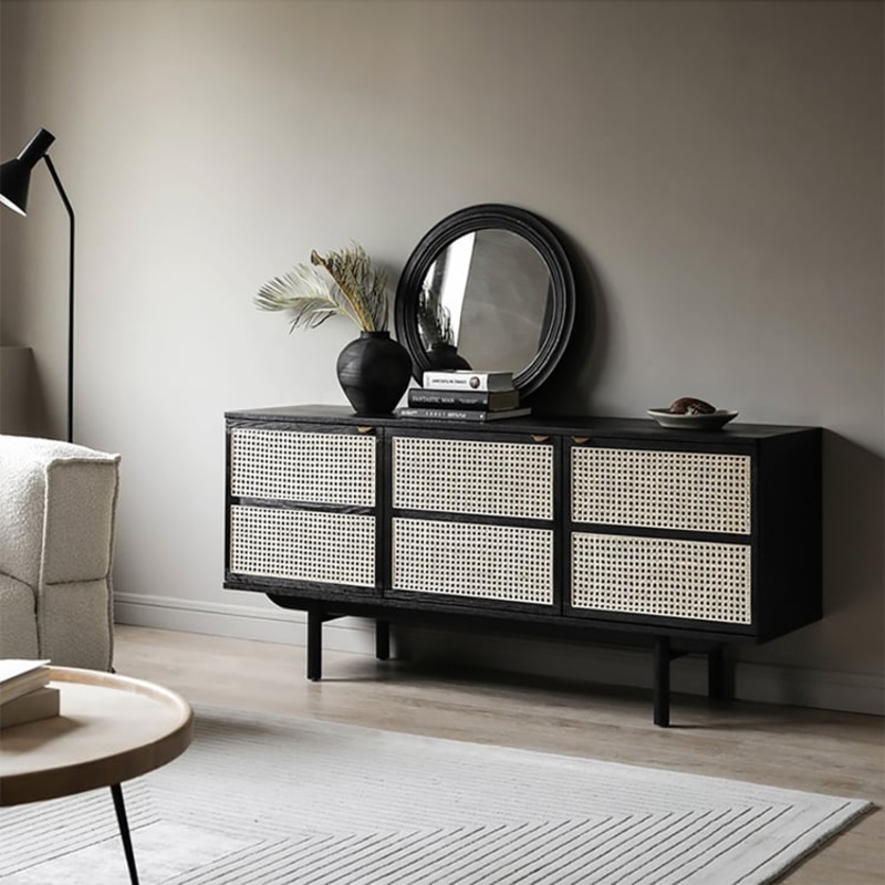 63″ Modern Black Cane Sideboard Buffet Cabinet with 3 Rattan Door Pine Wood