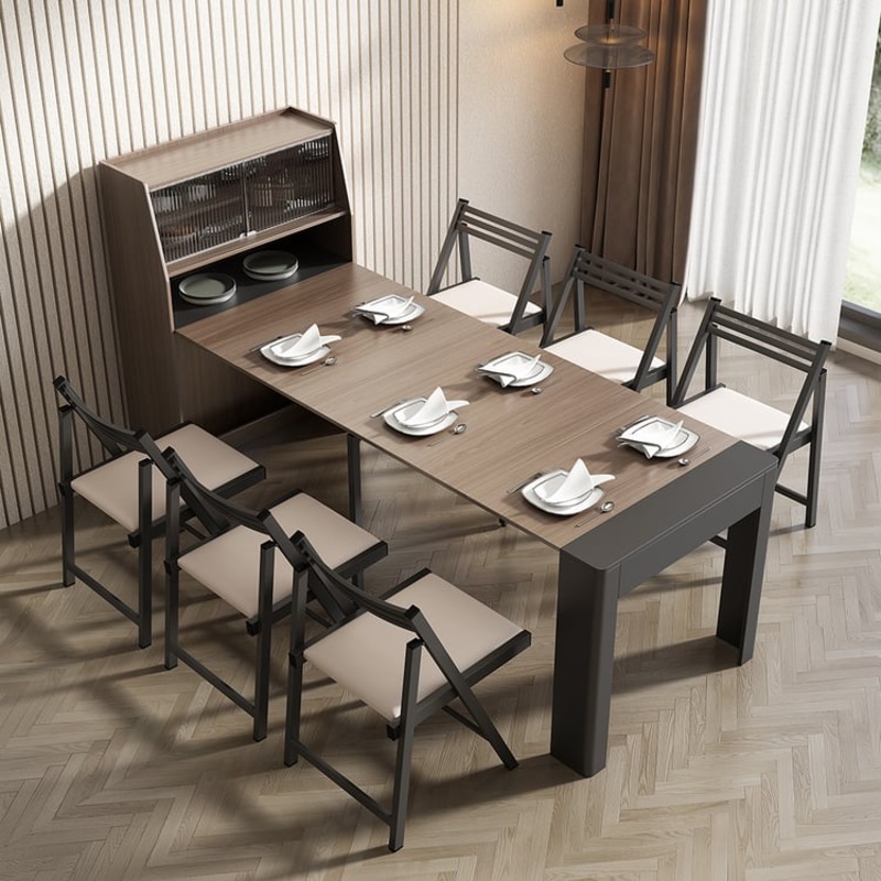 70.9'' Farmhouse Extendable Dining Table with Storage Sideboard Walnut & Gray Seats 4-6