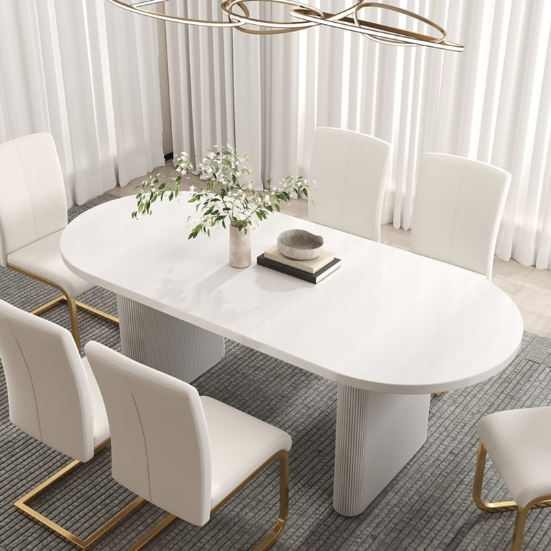 79″-94″ Japandi Oval Extendable Dining Table White Seats 8-10 People