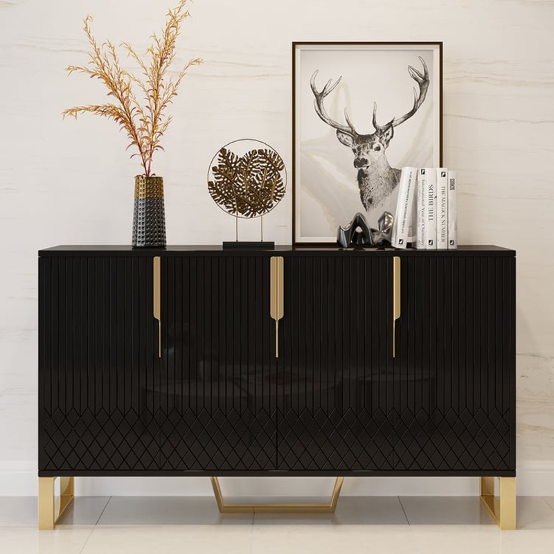 Aro Modern Black Wood Sideboard Cabinet 4 Doors for Kitchen Storage 60″ Wide
