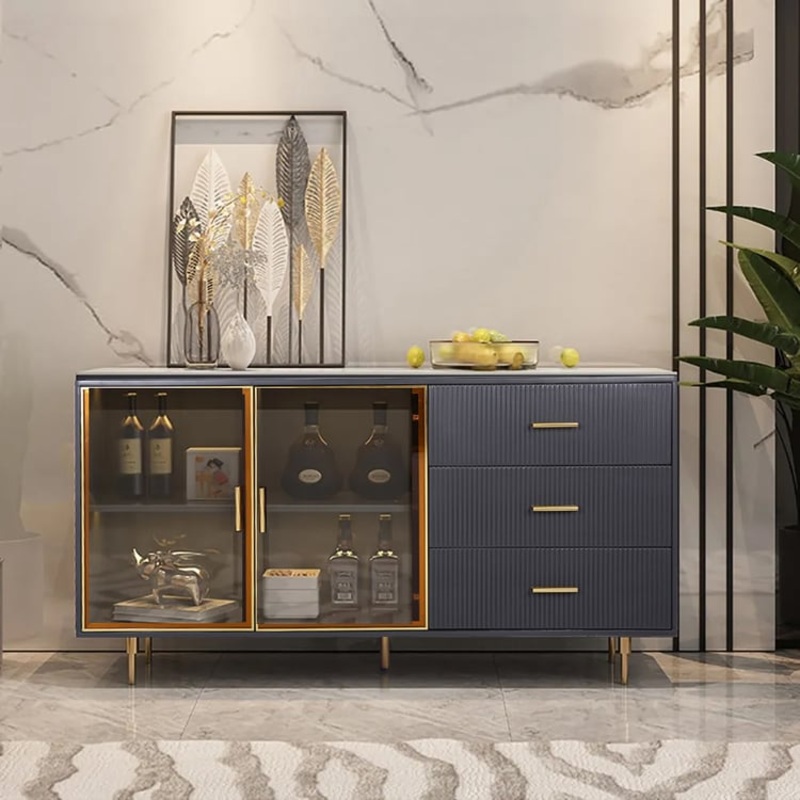 Cofab 59″ Sideboard Sintered Stone Top Luxury Buffet Tempered Glass Doors in Large