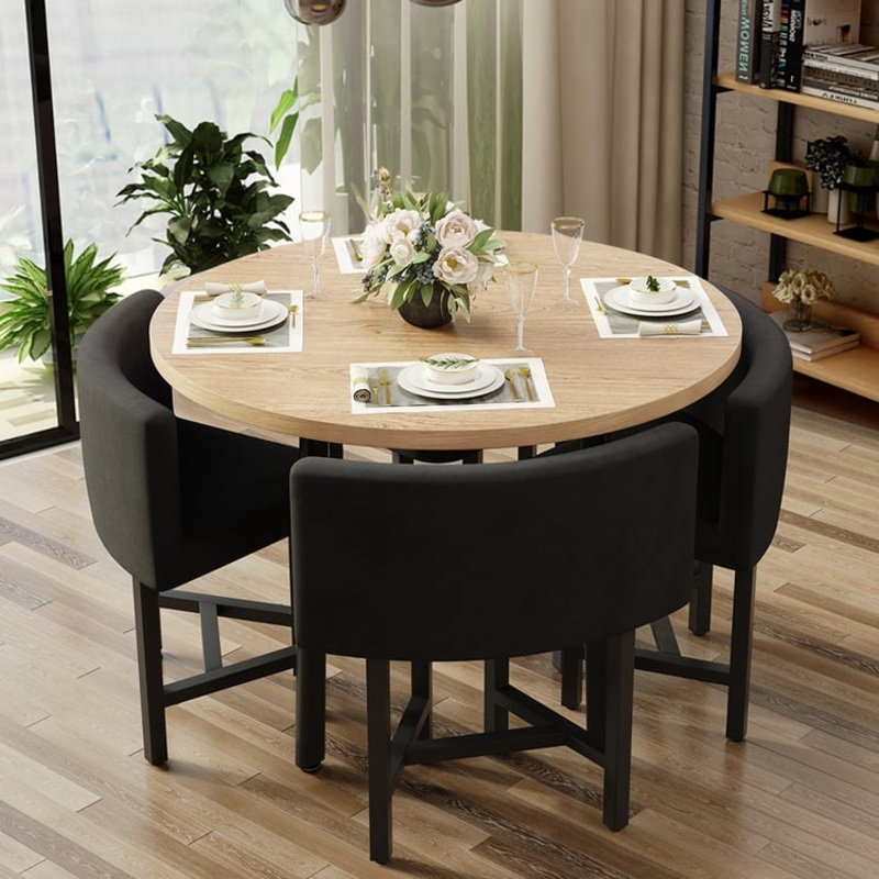 Dining Set 39.4″ Modern Round Wood Dining Table Natural with 4 Gray Chairs