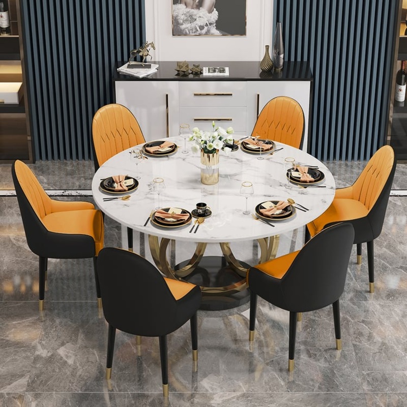 Dining Set 53.1″ Modern Style Round Sintered Stone Dining Table with 6 Chairs