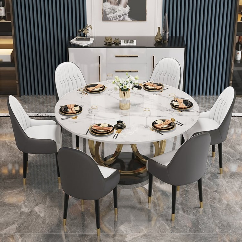 Dining Set 53″ Sintered Stone Round Dining Table White & Gray with 6 Chairs