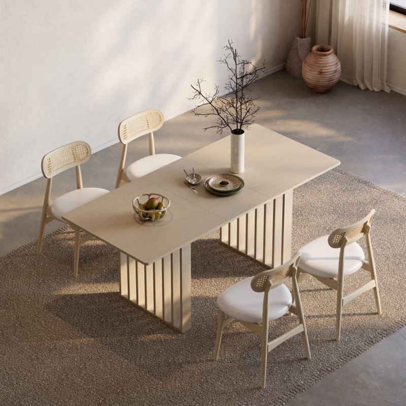 Dining Set 55″-87″Japandi Extendable Dining Table Whitewash with 4 Chairs