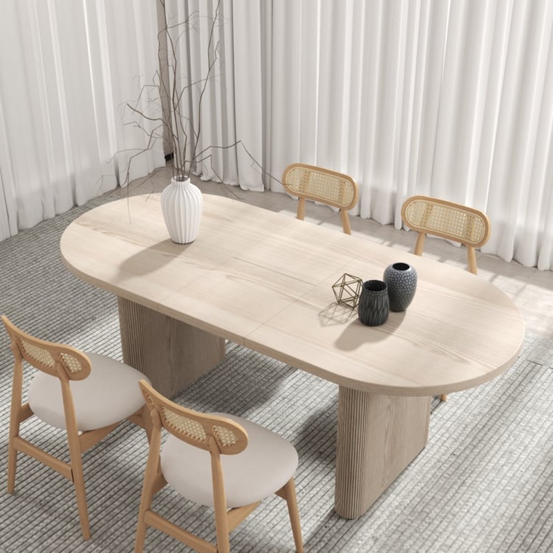 Dining Set 63″-79″ Japandi Oval Extendable Dining Table Whitewash with 4 Chairs