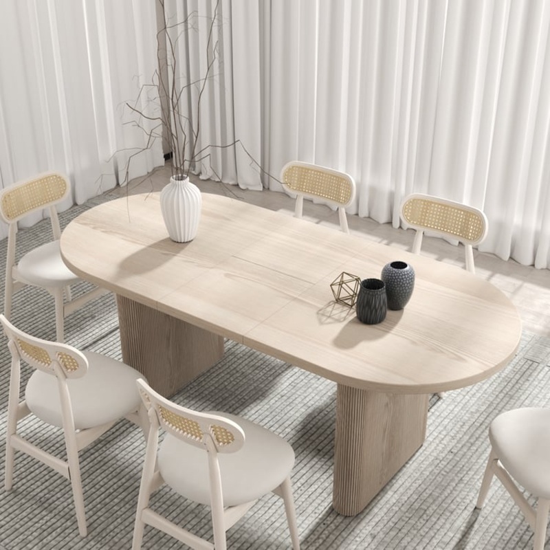 Dining Set 63″-79″ Japandi Oval Extendable Dining Table Whitewash with 6 Chairs