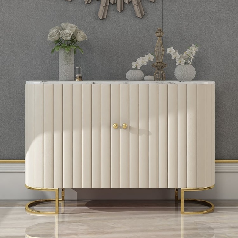 Epaule Off White Modern Sideboard Buffet PU Leather Cabinet with Doors&Drawers Gold