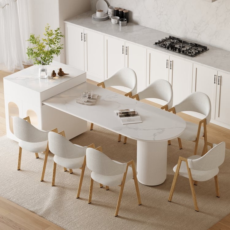 Expandable Kitchen Island with Marble-Pattern Sintered Stone Top 70.9″-82.7″
