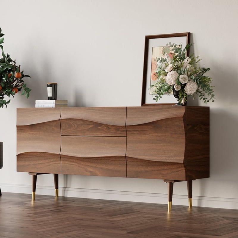 Lake 71″ Walnut Sideboard Credenza with Storage Buffet Kitchen Cabinet Wavy Mid-Century