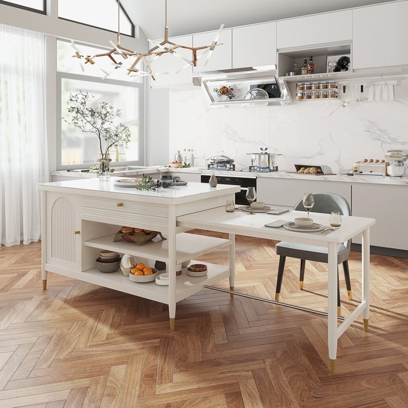 Modern 60″ Extendable White Kitchen Island with Storage Faux Marble Kitchen Cabinet