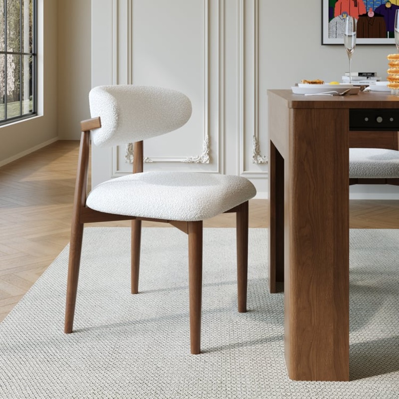 Modern Rubber Wood Walnut Dining Chair with Boucle Upholstery Set of 2