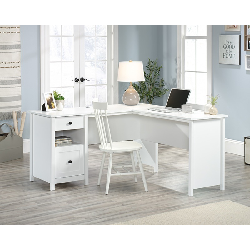 County Line L-Shaped Desk with File Drawer Soft White (427718)  Sauder