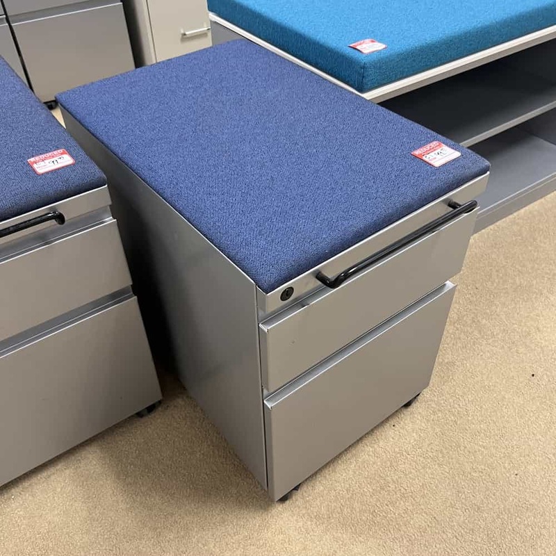 15″ W x 21″ H Knoll Blue and Grey Rolling Vertical File Pedestal with Cushion Seat Office Furniture Liquidations