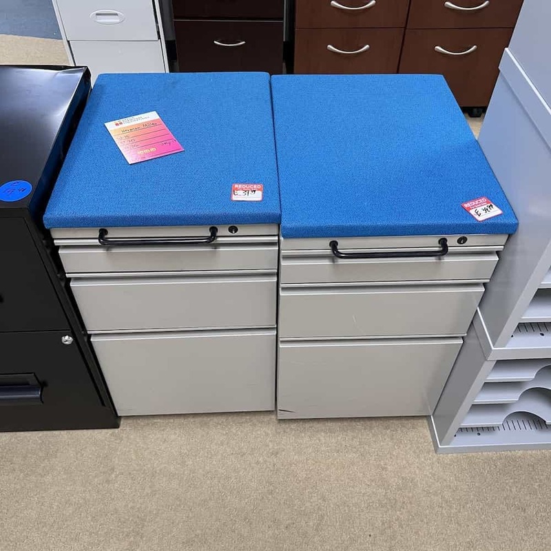 26″ H x 15″ W Herman Miller Blue and Light Taupe Metal Cushion Top Rolling Vertical Pedestal File – Box/Box/File Office Furniture Liquidations