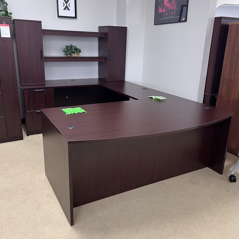 71 x 114″ Mahogany and Black Bow Front U-Desk with Hutch – Left Return Office Furniture Liquidations