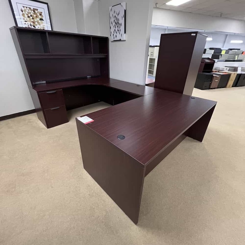71 x 114″ Mahogany and Black U-Desk – Left Return Office Furniture Liquidations