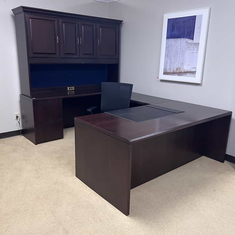 72 Lunstead by Haworth Espresso U-Desk and Hutch – Left Return Office Furniture Liquidations