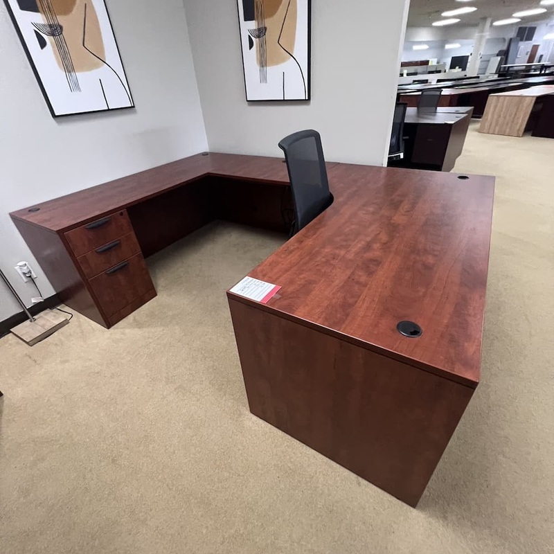 72″ x 102″ Cherry Laminate and Black U-Desk with Single Pedestal – Left Return Office Furniture Liquidations