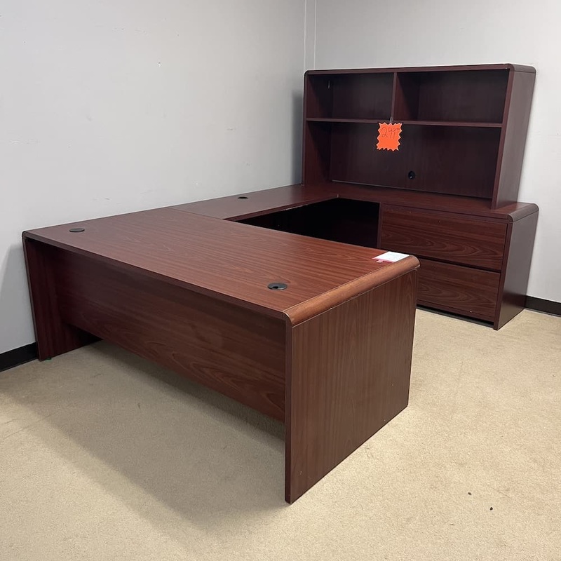 72 x 104″ Global Mahogany U-Desk with Open Hutch and 2 Drawer Lateral – Right Return Office Furniture Liquidations