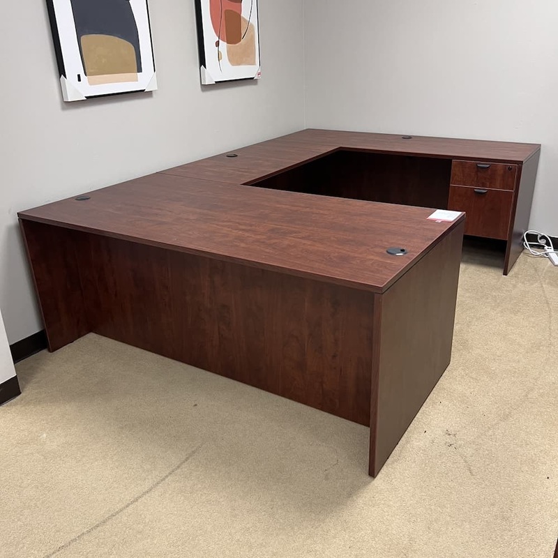 72″ x 107″ Cherry Laminate and Black U-Desk with 2 Hanging Box/Files – Right Return Office Furniture Liquidations
