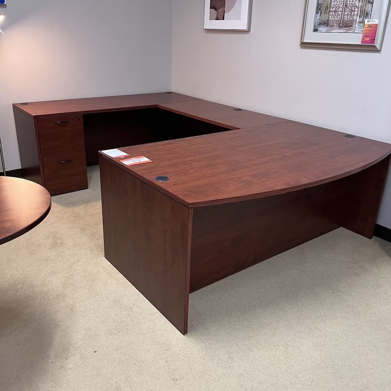 72″ x 113″ Cherry Laminate Bow Front U-Desk – Left Return Office Furniture Liquidations