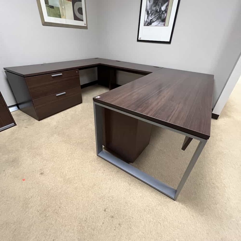 SET – 78″ Teknion Cocoa Brown U-Desk with Wall Mount Storage Cabinet – Left Return Office Furniture Liquidations