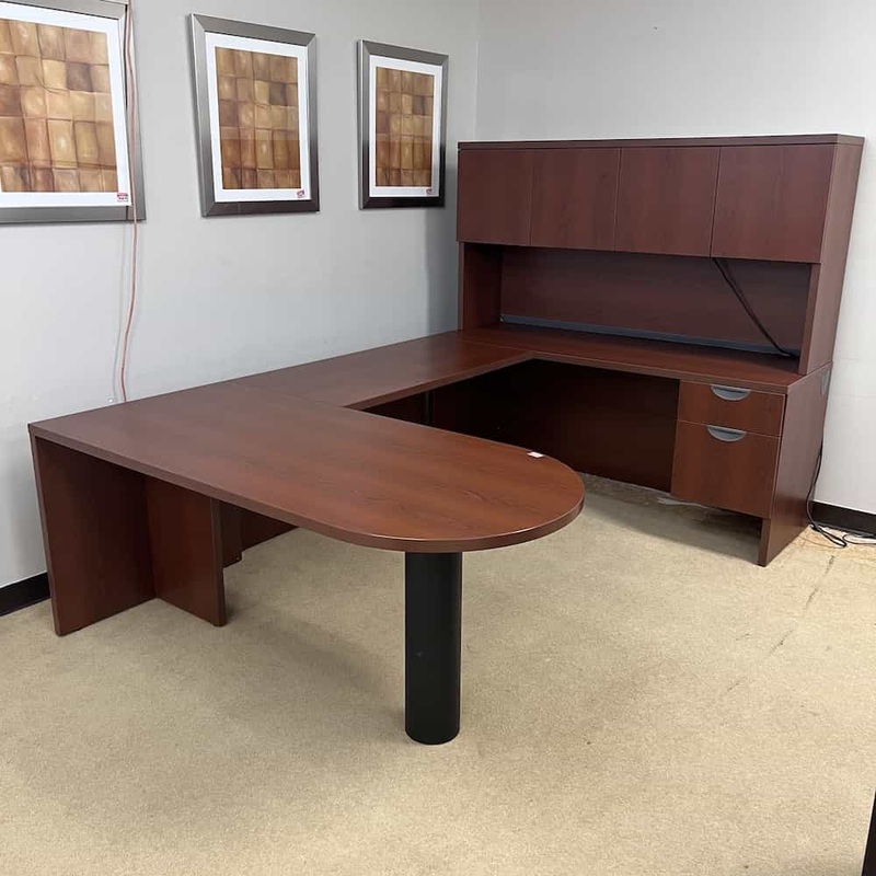 66″ Haworth Mahogany Bullet Nose U-Desk with Hutch- Right Return Office Furniture Liquidations