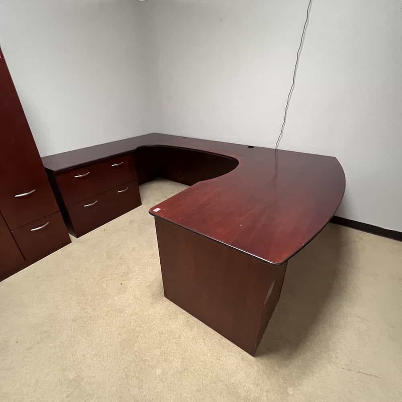 71″ JSI Mahogany Bow Front U-Desk with 2 Lateral Files – Left Return Office Furniture Liquidations