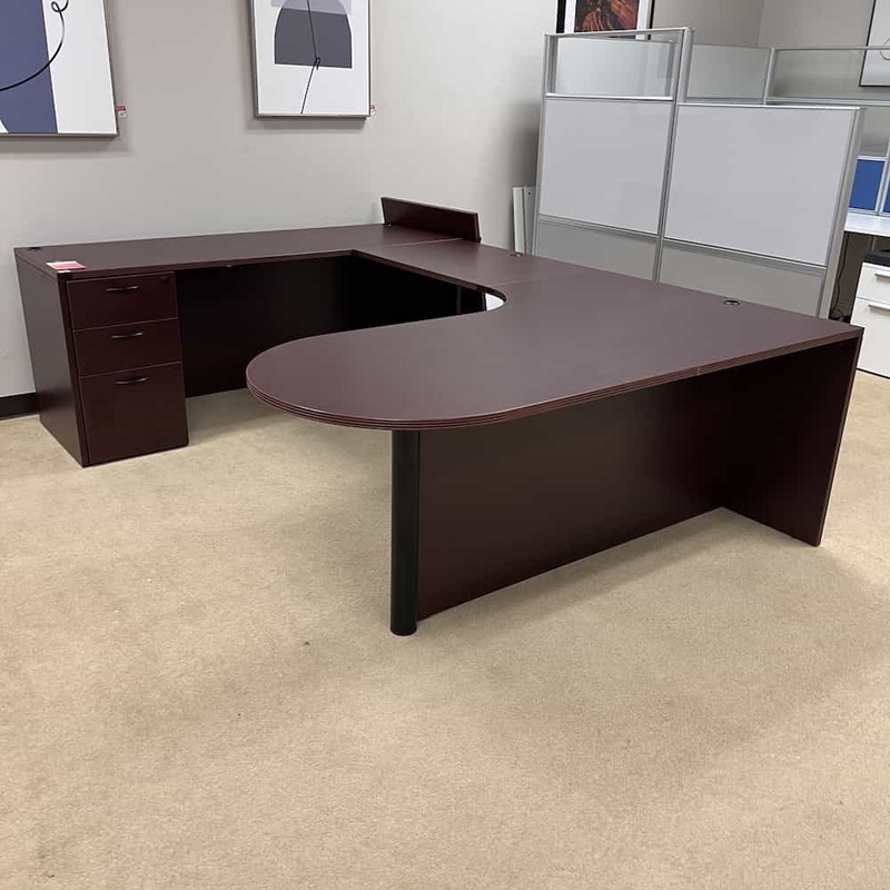 71″ x 102″ Cherryman Mahogany Laminate and Black Bullet U-Desk – Left Return Office Furniture Liquidations