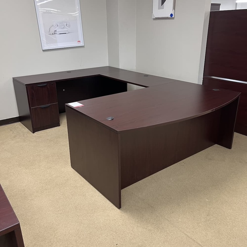 71 x 114″ Mahogany and Black Bow Front U-Desk – Left Return Office Furniture Liquidations