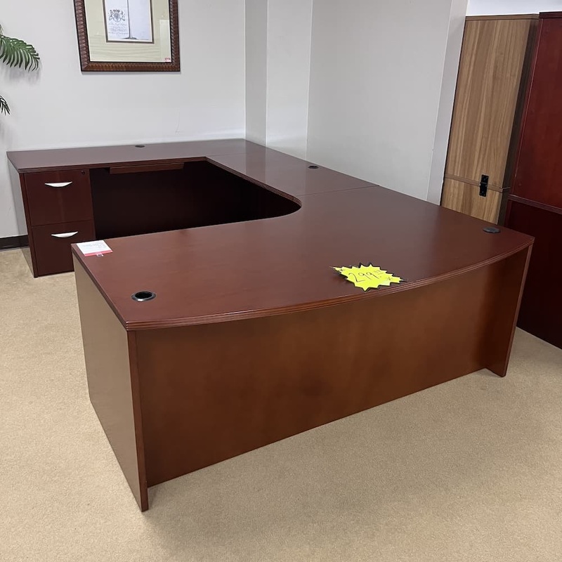 71″ x 119″ Cherry Veneer Wood Bow Front U-Desk with Double Pedestals – Left Return Office Furniture Liquidations